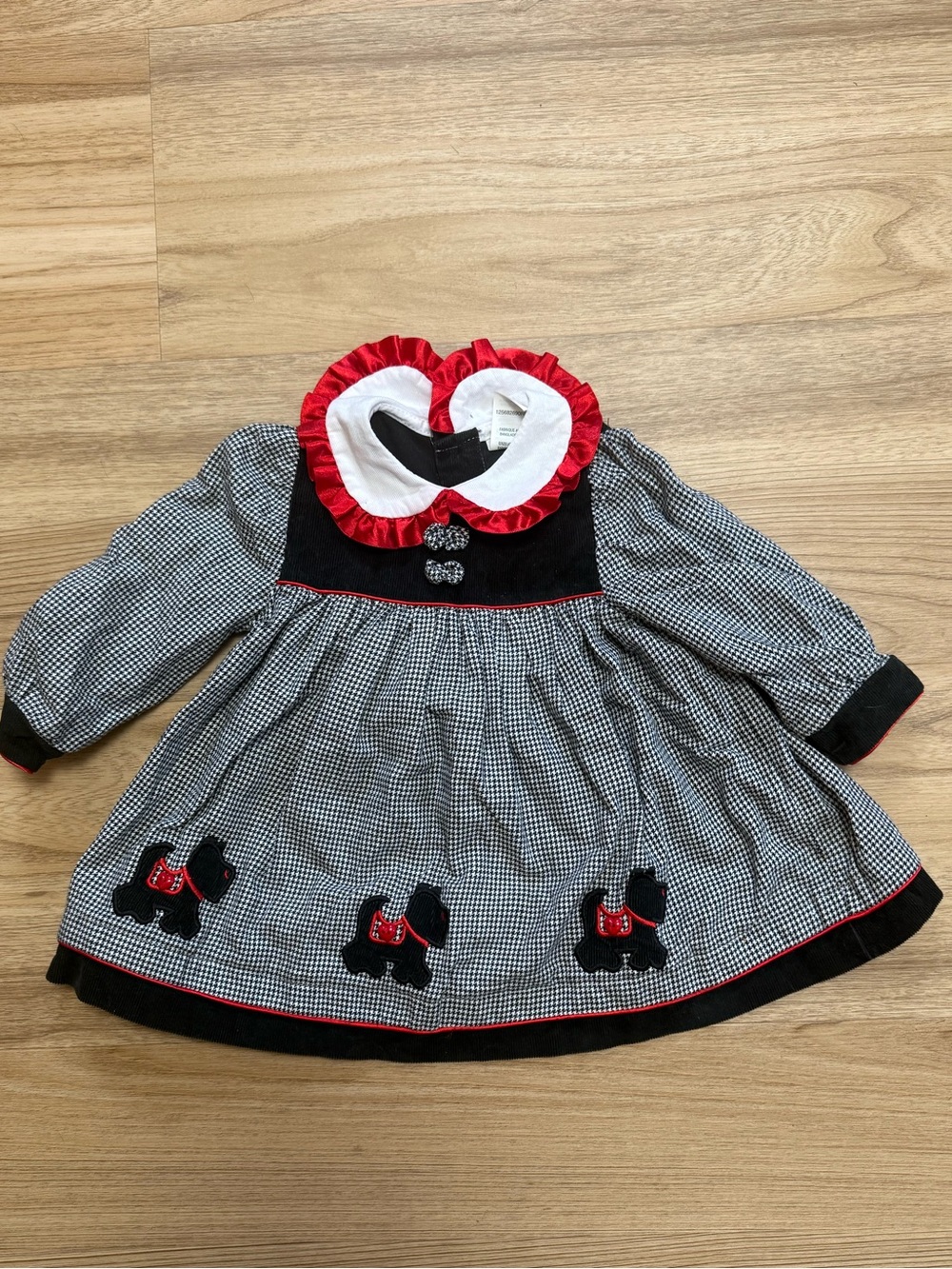 Vintage CInderella Houndstooth Scotty Black White  Red Dress 18m Rn96615